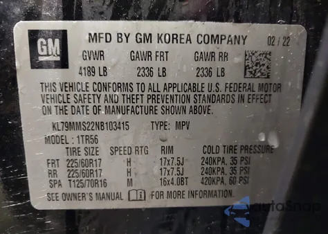 2022 Chevrolet Trailblazer Fwd Ls из США, поврежденный, VIN KL79MMS22NB103415